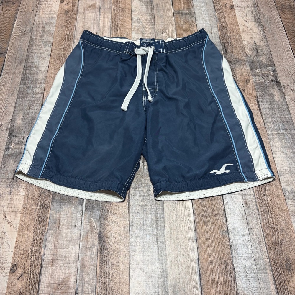 Hollister Board Shorts Mens Large Navy Blue Vintage Y2K Striped Swim Trunks Surf